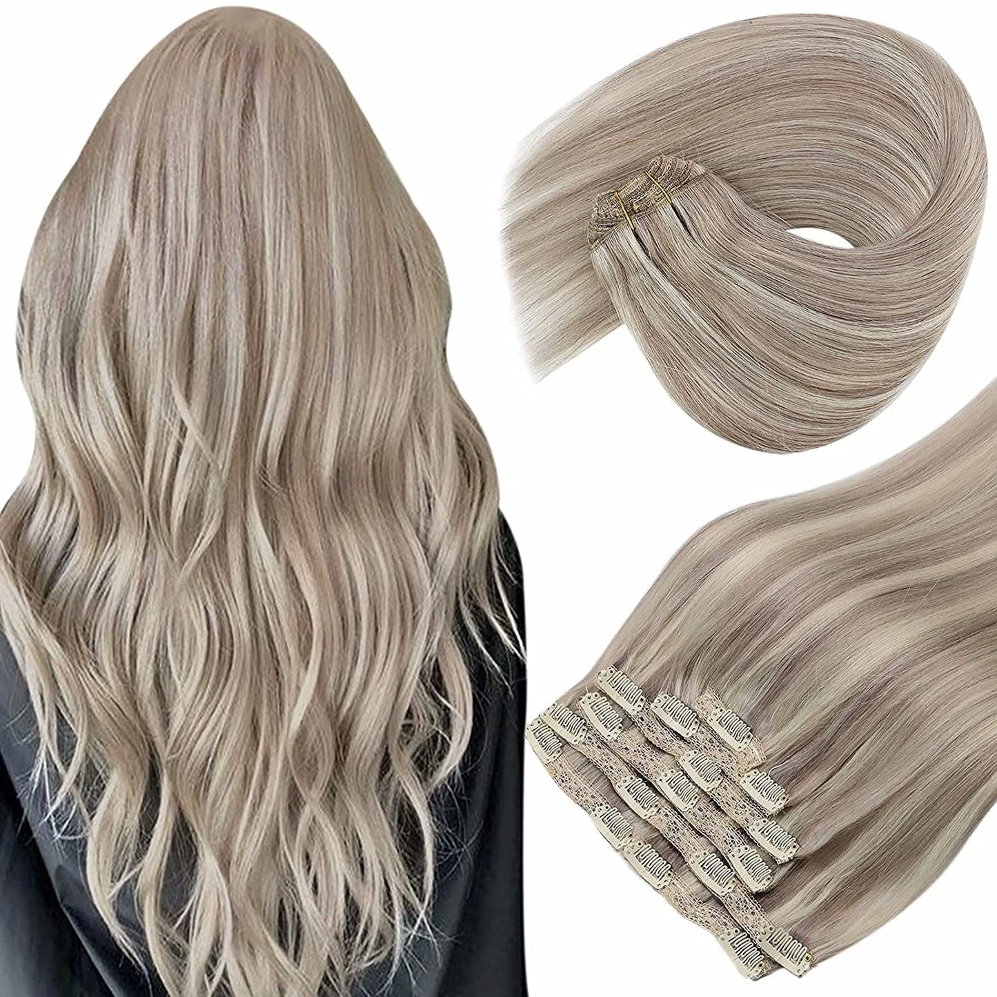 VeSunny Clip In Hair Extension Human Hair Highlight Blonde Color Seamless 105g/7pcs Double Weft Natural Human Hair Extension