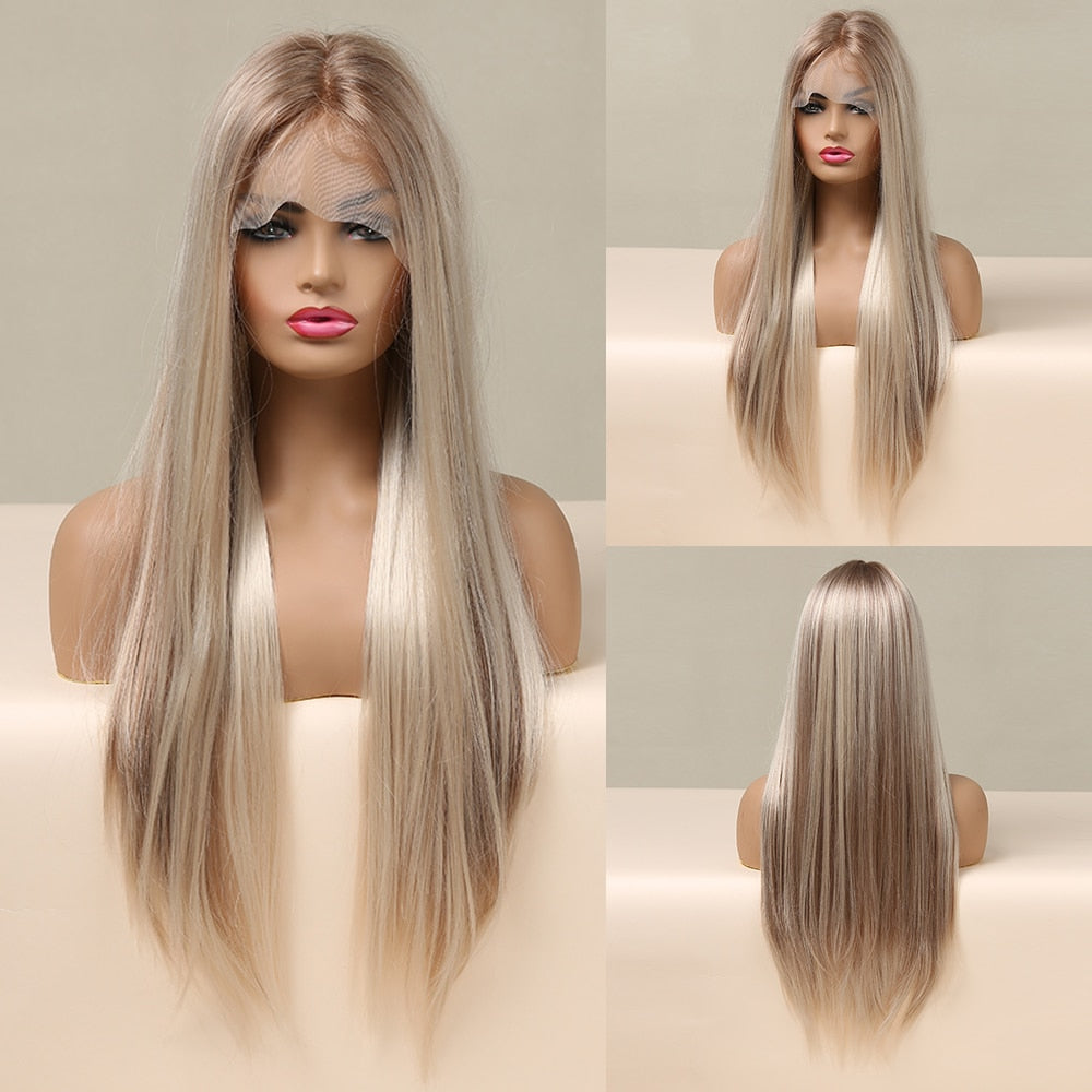 EASIHAIR Straight Blonde Lace Front Synthetic Wigs with Baby Hair Long Women&#39;s Lace Wigs High Density Natural Wig Heat Resistant