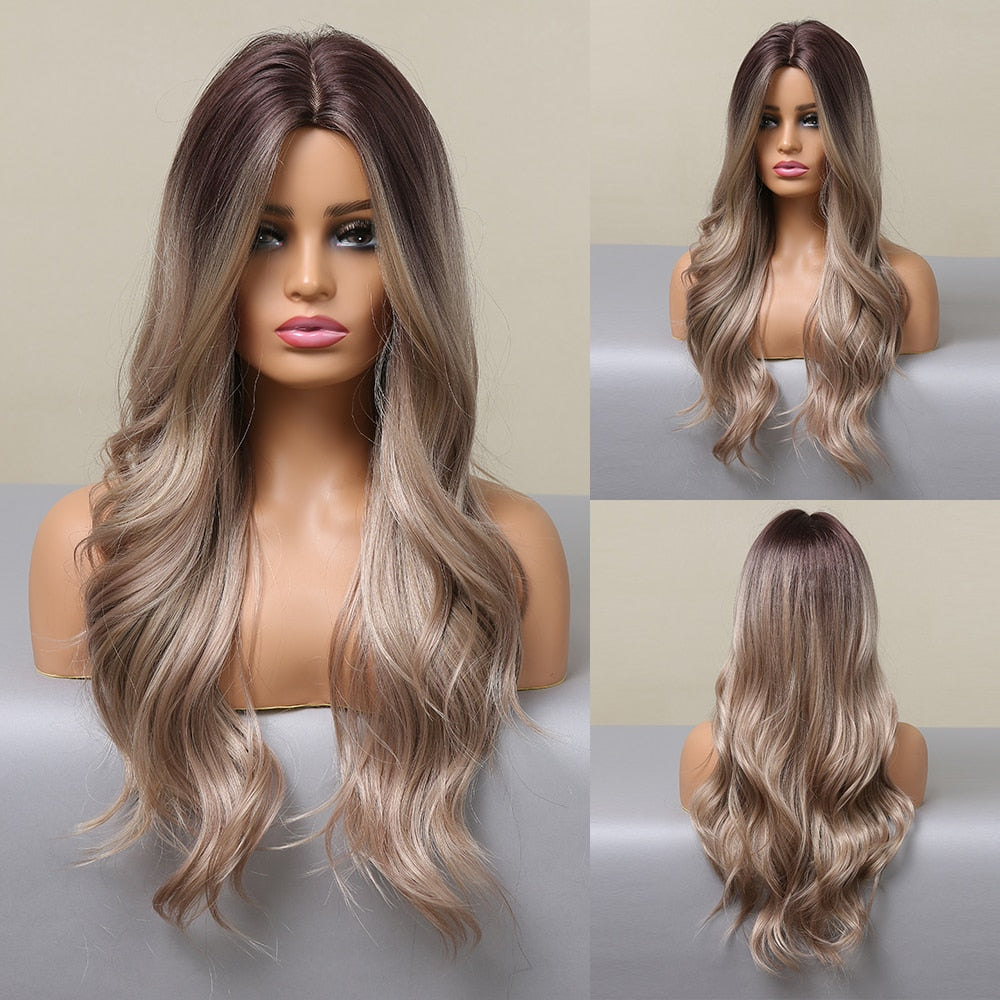 LOUIS FERRE Synthetic Ombre Wig for Women Brown Highlights on Blonde Hair Wig Long Wave Wig Natural Looking Heat Resistant Fibre