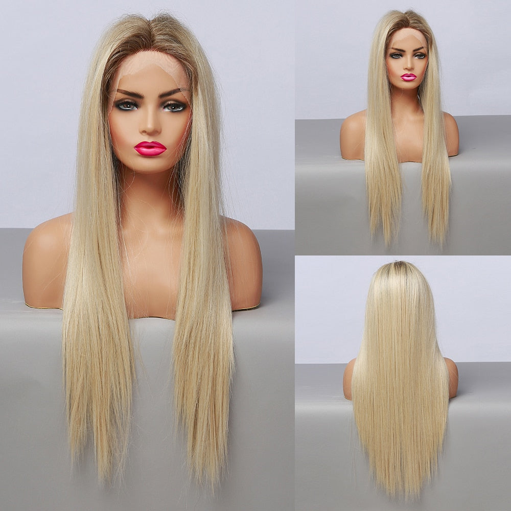 EASIHAIR Straight Blonde Lace Front Synthetic Wigs with Baby Hair Long Women&#39;s Lace Wigs High Density Natural Wig Heat Resistant