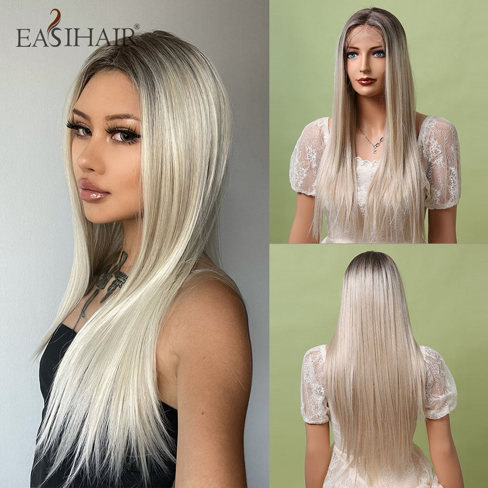 EASIHAIR Straight Blonde Lace Front Synthetic Wigs with Baby Hair Long Women&#39;s Lace Wigs High Density Natural Wig Heat Resistant