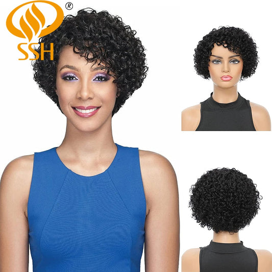 SSH  Curly Wigs Short Pixie Cut Human Hair For Women Natural Black Remy Hair 150% Density Glueless Cheap Side Part Human Wigs