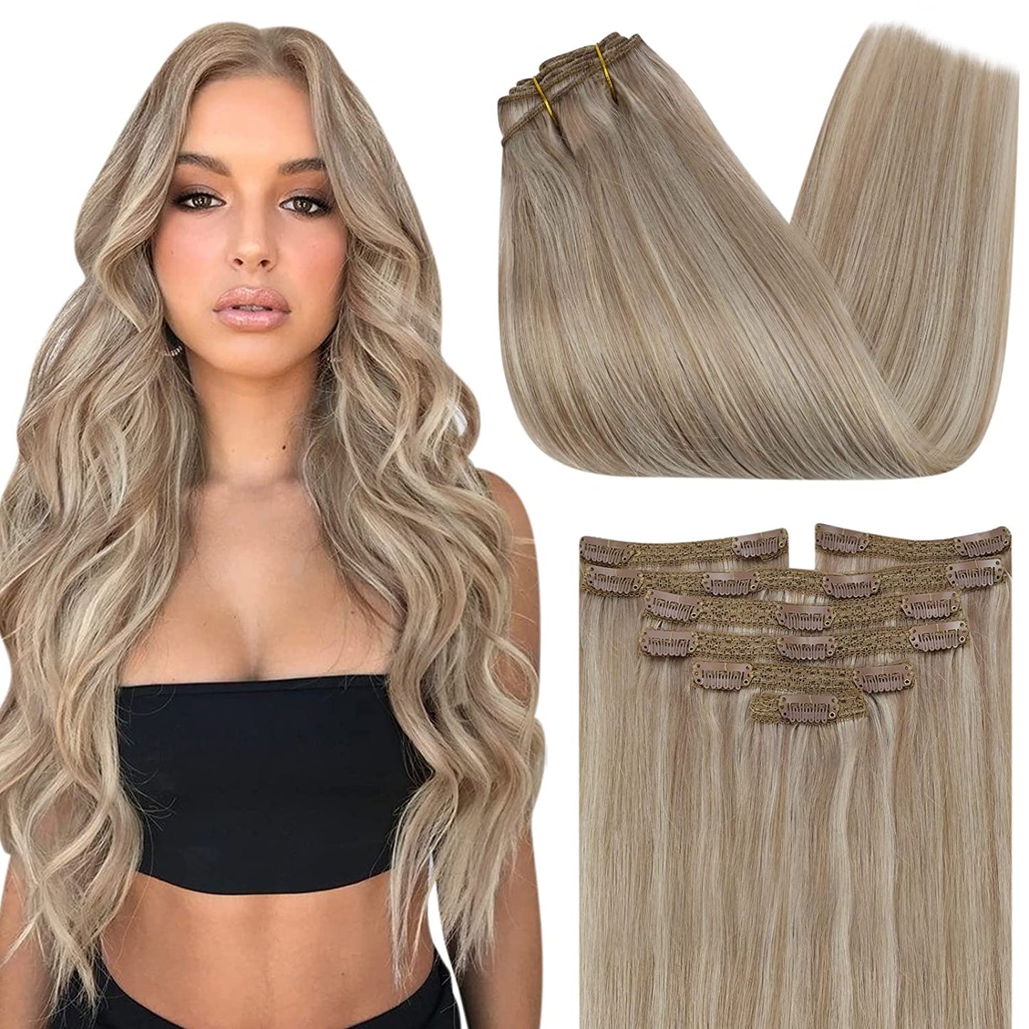 VeSunny Clip In Hair Extension Human Hair Highlight Blonde Color Seamless 105g/7pcs Double Weft Natural Human Hair Extension