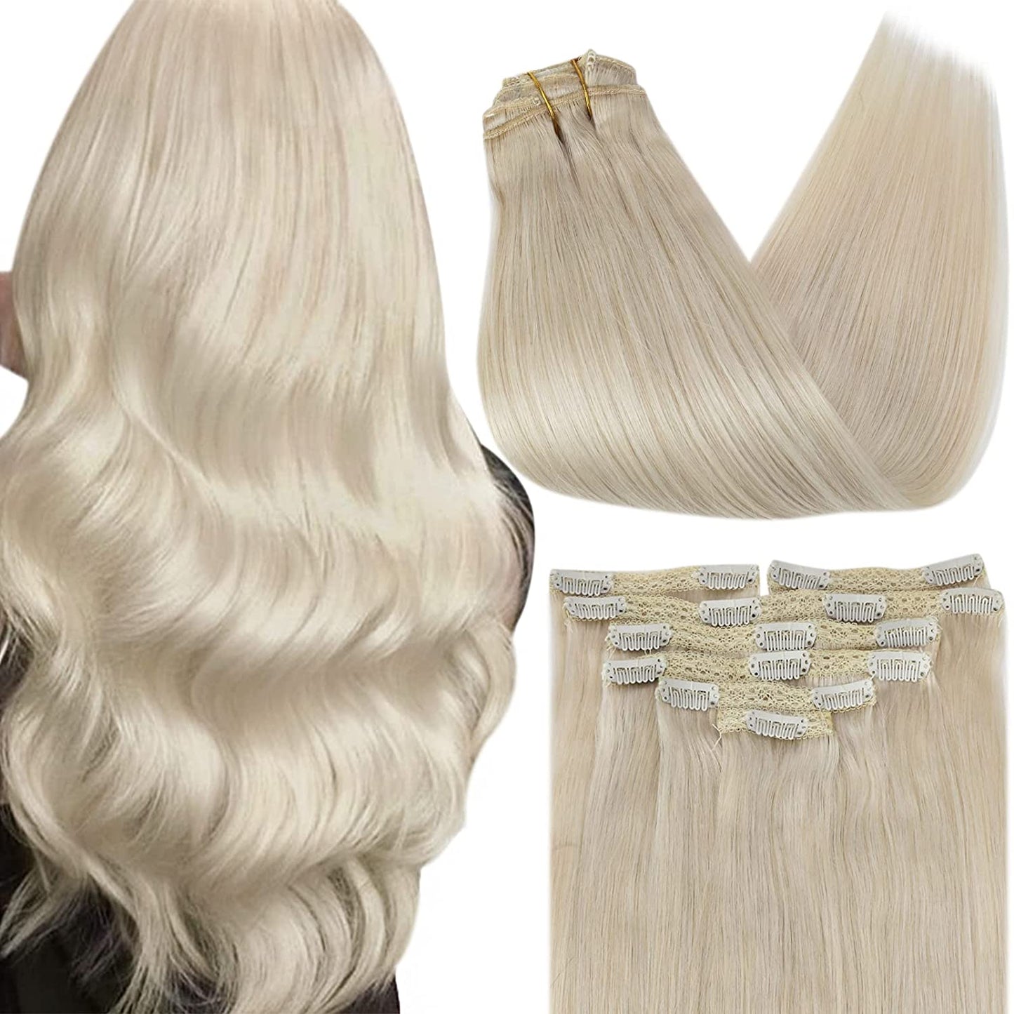 VeSunny Clip In Hair Extension Human Hair Highlight Blonde Color Seamless 105g/7pcs Double Weft Natural Human Hair Extension