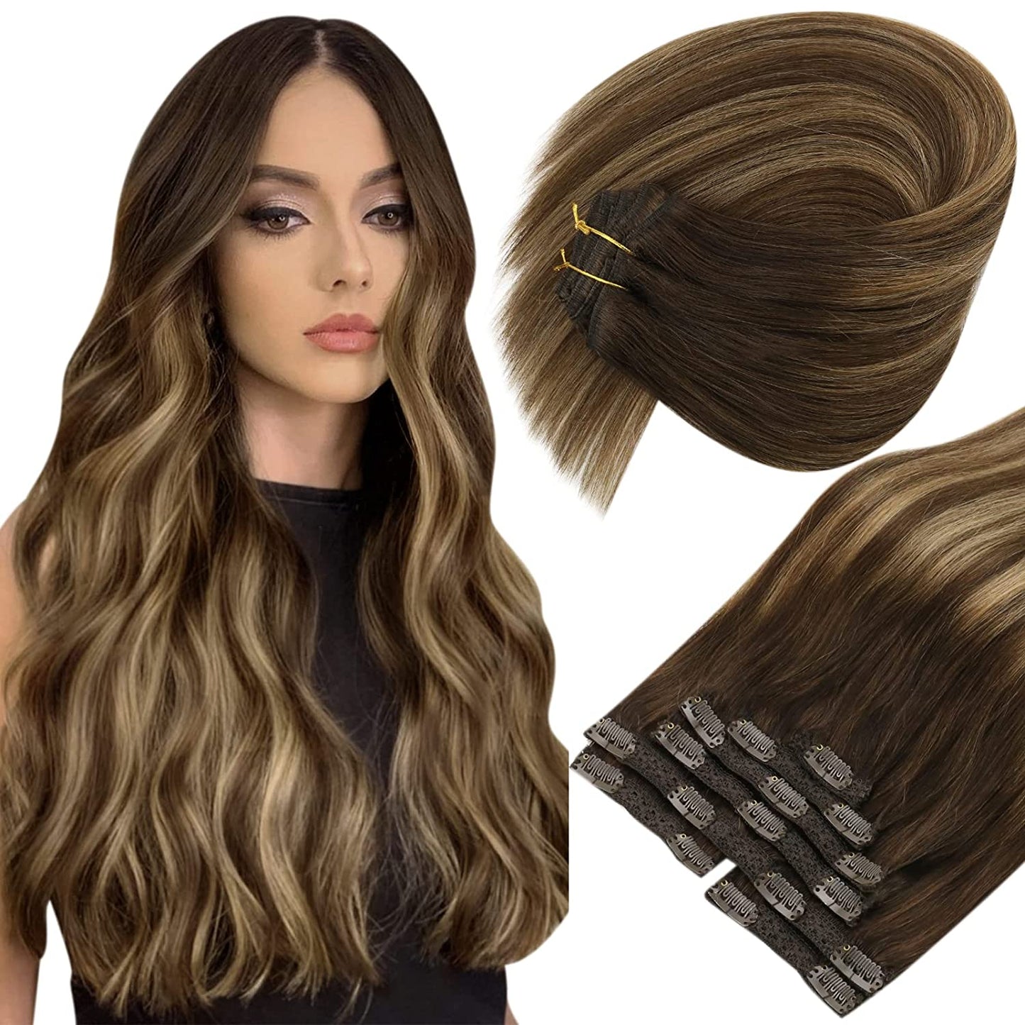 VeSunny Clip In Hair Extension Human Hair Highlight Blonde Color Seamless 105g/7pcs Double Weft Natural Human Hair Extension