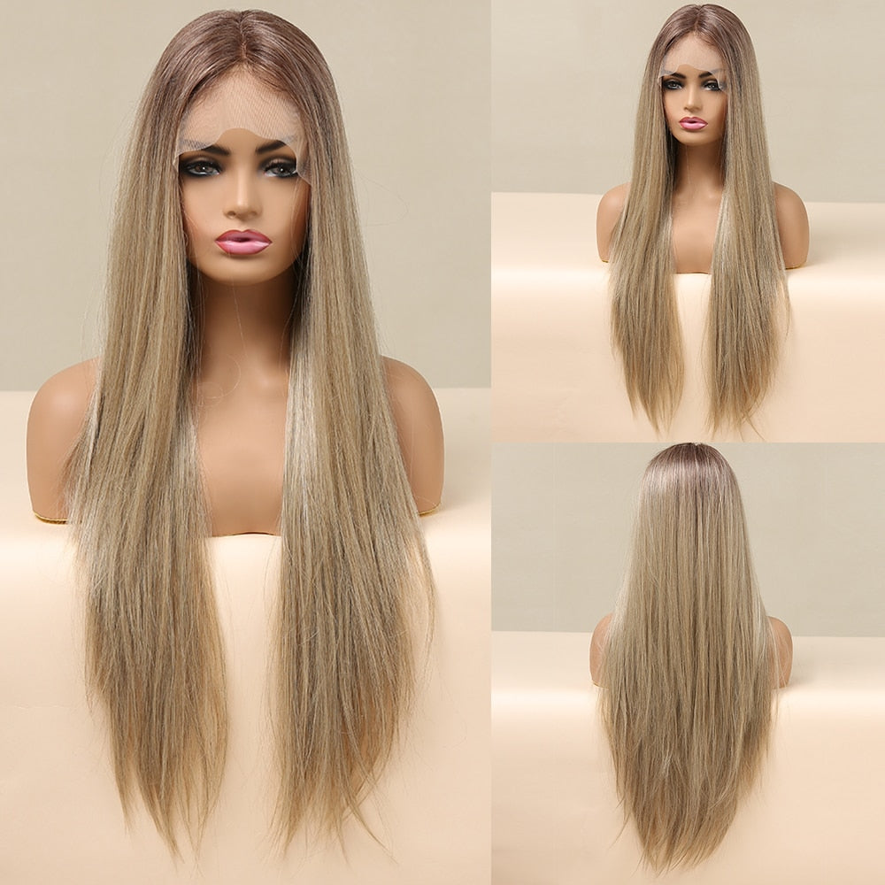 EASIHAIR Straight Blonde Lace Front Synthetic Wigs with Baby Hair Long Women&#39;s Lace Wigs High Density Natural Wig Heat Resistant