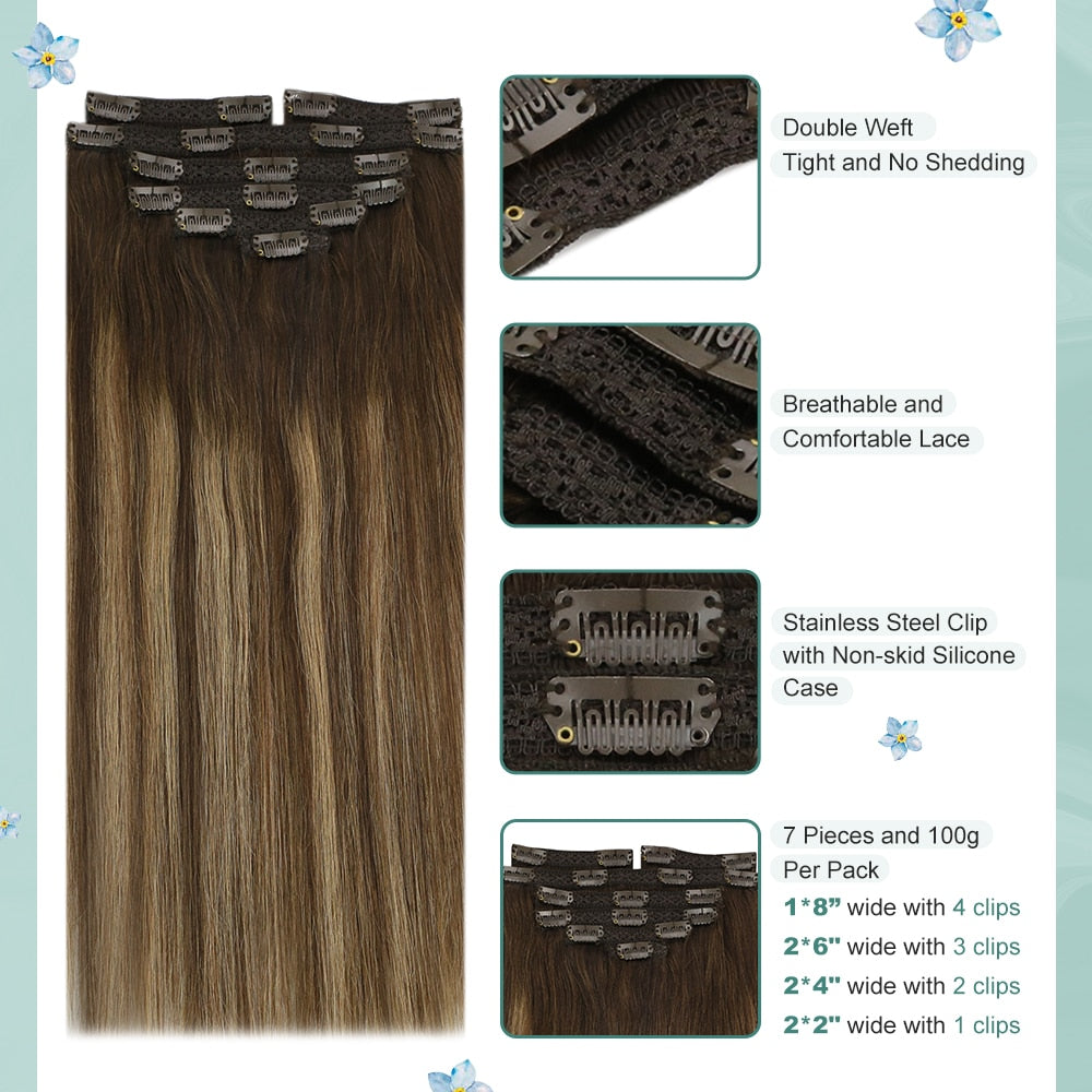 VeSunny Clip In Hair Extension Human Hair Highlight Blonde Color Seamless 105g/7pcs Double Weft Natural Human Hair Extension