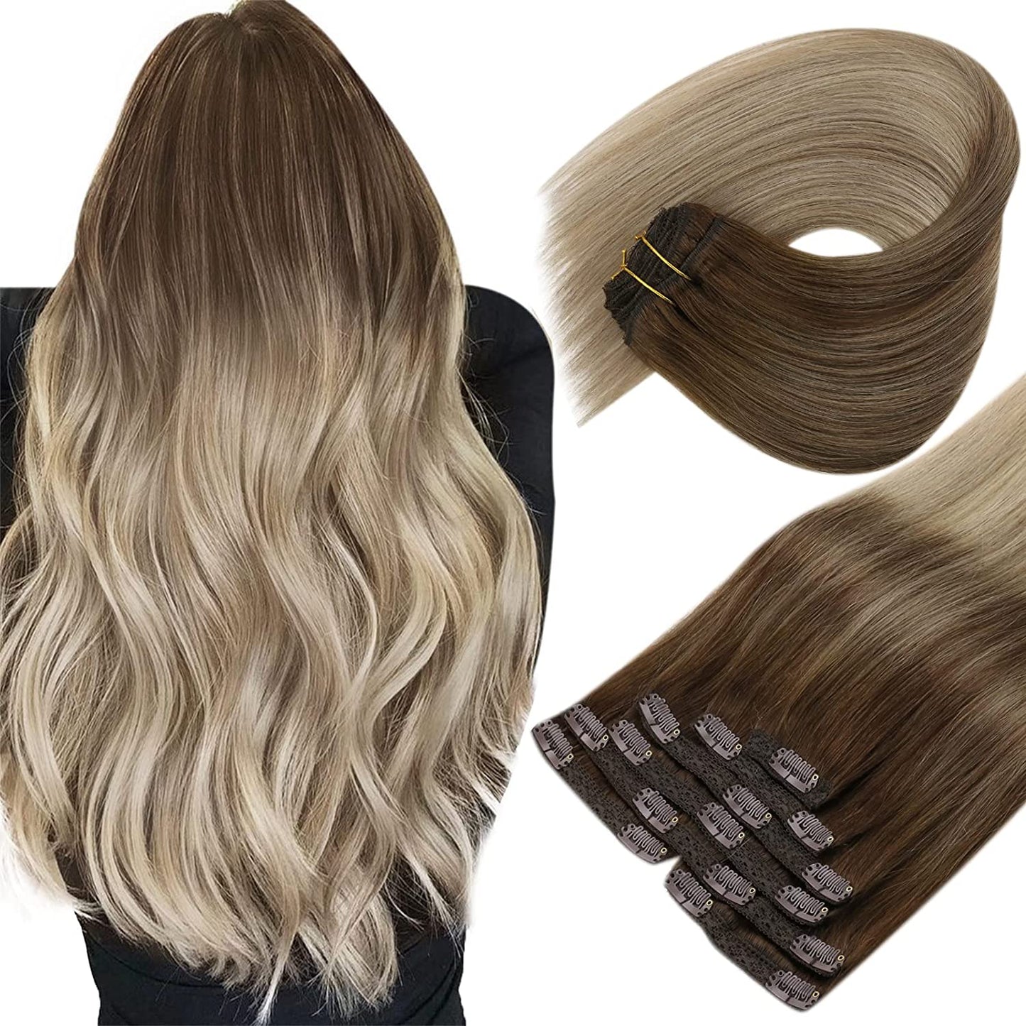 VeSunny Clip In Hair Extension Human Hair Highlight Blonde Color Seamless 105g/7pcs Double Weft Natural Human Hair Extension