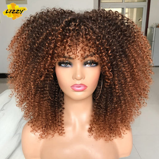 Short Afro Curly Wig With Bangs Synthetic African Glueless Fluffy Black Ombre Brown Curly Women&#39;s Wigs