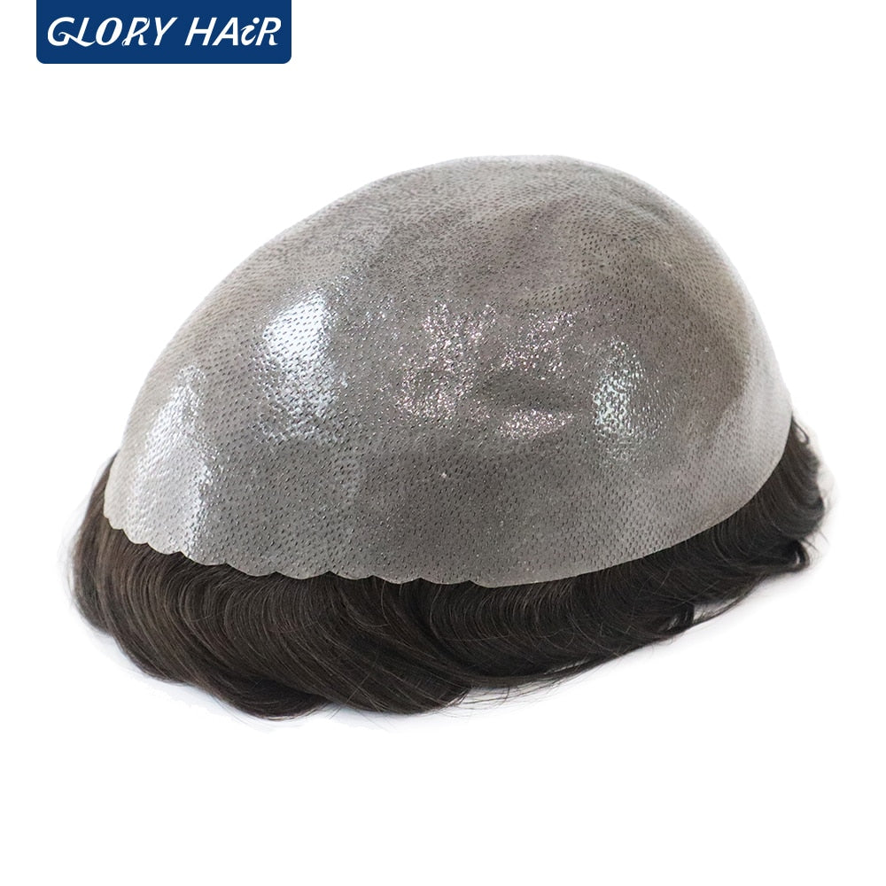 130% Density Male Hair Prosthesis India Human Hair Thickness PU Second Skin Men Wigs for Hair Loss