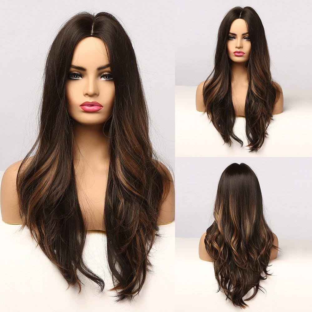 LOUIS FERRE Synthetic Ombre Wig for Women Brown Highlights on Blonde Hair Wig Long Wave Wig Natural Looking Heat Resistant Fibre