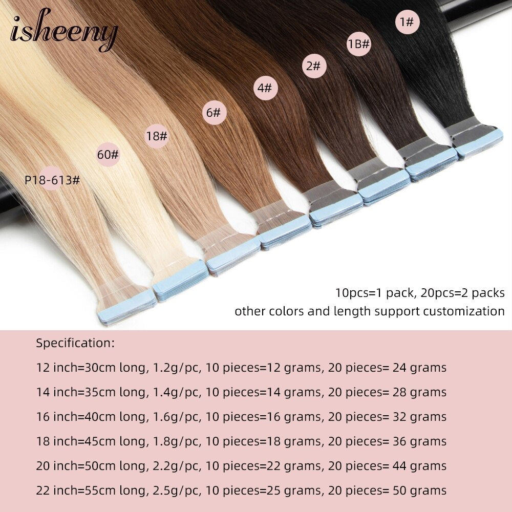 Isheeny Blonde Human Hair Tape In Extensions European Natural Hair Extension Skin PU Weft 12&quot;-24&quot; Black Brown 100% Human Hair