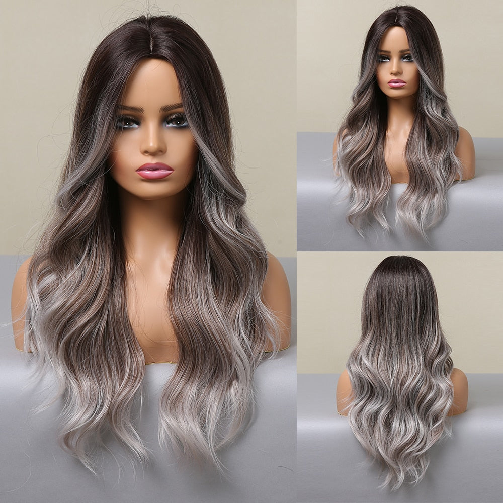 LOUIS FERRE Synthetic Ombre Wig for Women Brown Highlights on Blonde Hair Wig Long Wave Wig Natural Looking Heat Resistant Fibre