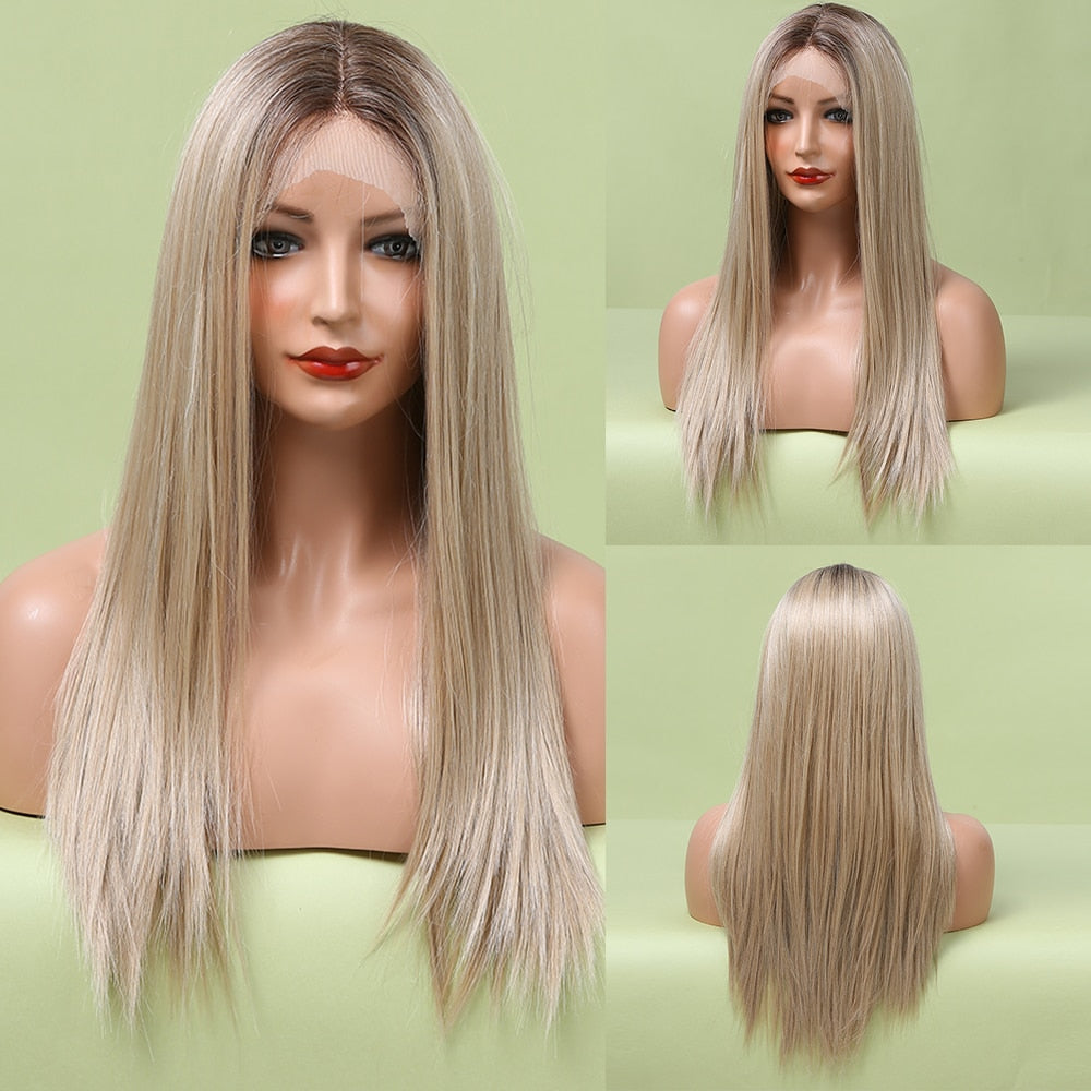 EASIHAIR Straight Blonde Lace Front Synthetic Wigs with Baby Hair Long Women&#39;s Lace Wigs High Density Natural Wig Heat Resistant