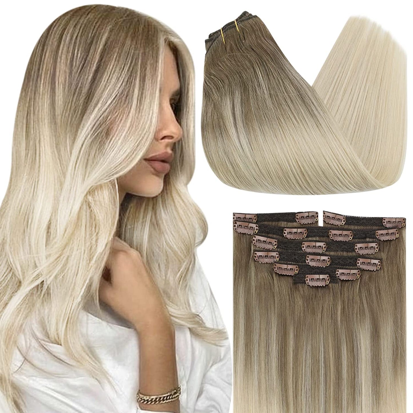 VeSunny Clip In Hair Extension Human Hair Highlight Blonde Color Seamless 105g/7pcs Double Weft Natural Human Hair Extension