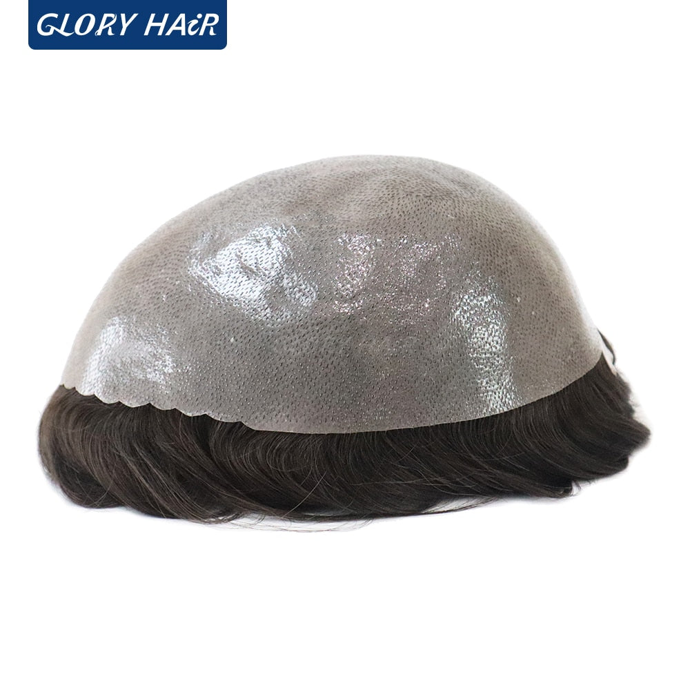 130% Density Male Hair Prosthesis India Human Hair Thickness PU Second Skin Men Wigs for Hair Loss