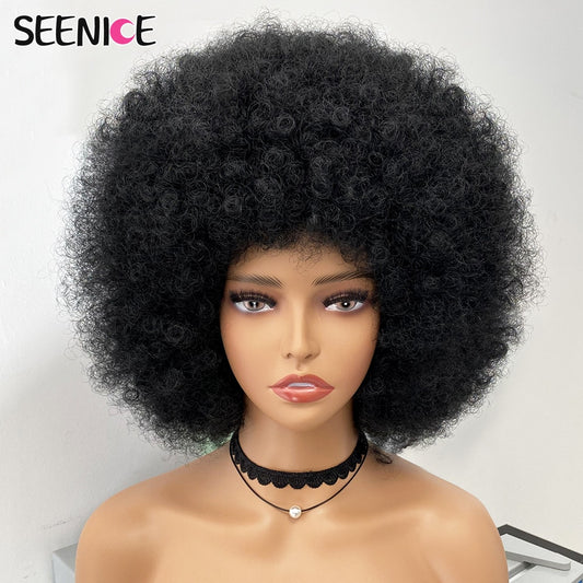 Afro Kinky Curly Wig With Bangs Short Fluffy Hair Wigs For Black Women Synthetic Ombre Glueless Cosplay Natural Brown Black Pink