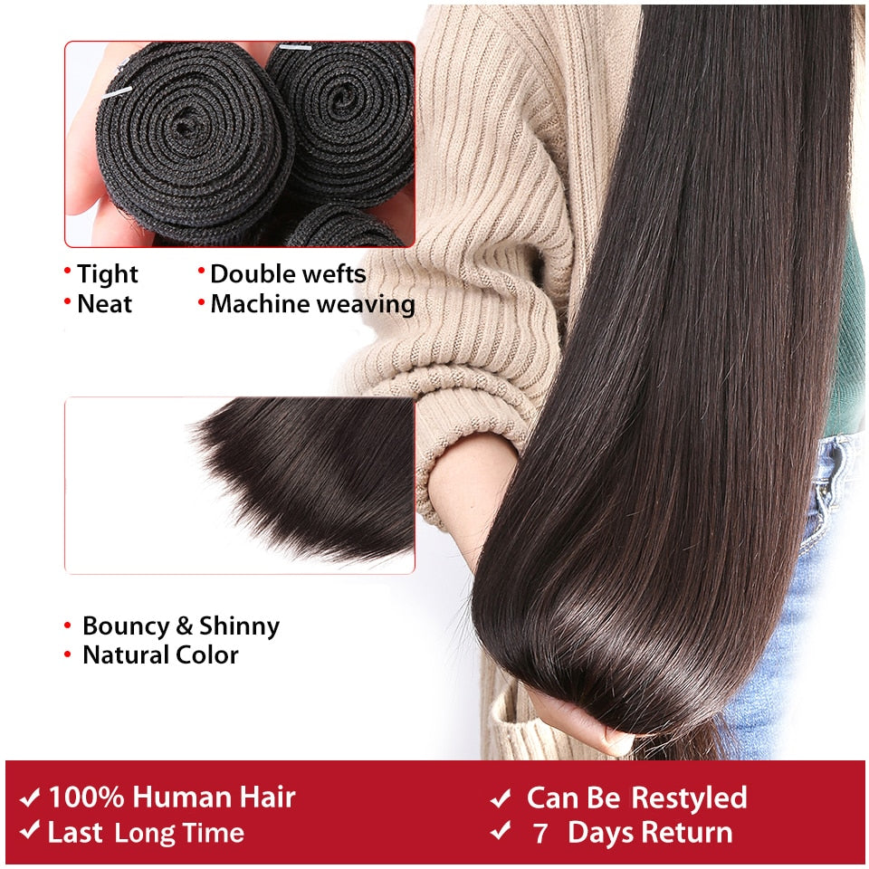 Fashow 28 30 32 34 36 inch Indian Hair Straight Hair Bundles 100% Human Hair Bundles Double Wefts Natural Thick Hair Extensions