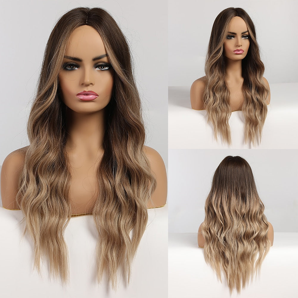 LOUIS FERRE Synthetic Ombre Wig for Women Brown Highlights on Blonde Hair Wig Long Wave Wig Natural Looking Heat Resistant Fibre