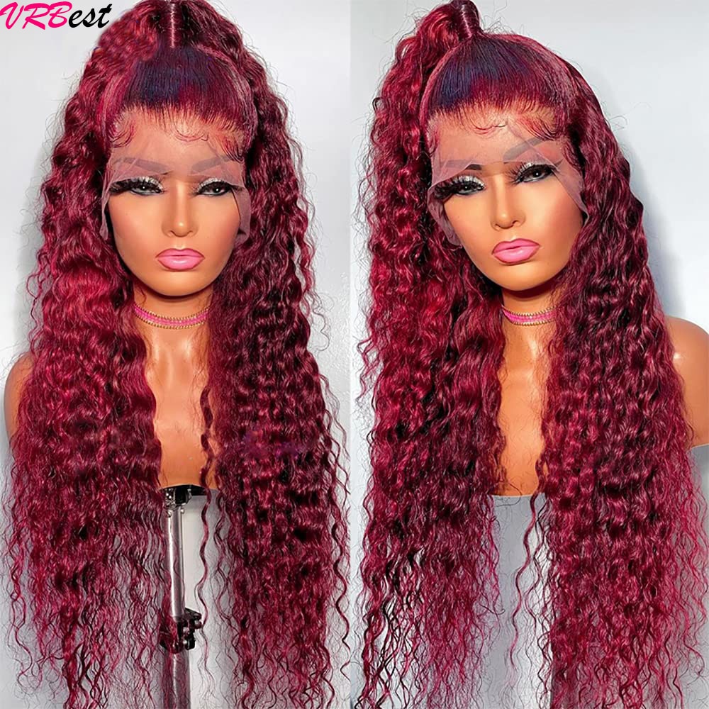 99J Colored Lace Front Human Hair Wigs Deep Wave Burgundy 13x4 HD Transparent Full Lace Frontal Wig Glueless Curly Wig For Women