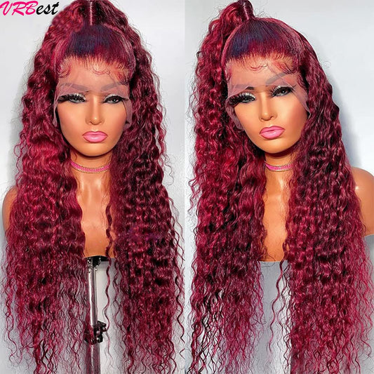 99J Colored Lace Front Human Hair Wigs Deep Wave Burgundy 13x4 HD Transparent Full Lace Frontal Wig Glueless Curly Wig For Women