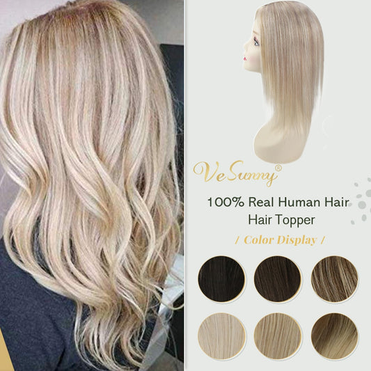 VeSunny Full Head Coverage Mono Base Topper 100% Real Human Hair Hand Made Toupee with Clips 12x6 cm Balayage Highlighted Color