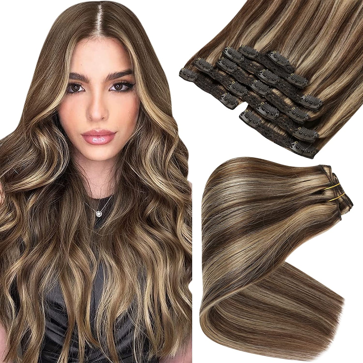 VeSunny Clip In Hair Extension Human Hair Highlight Blonde Color Seamless 105g/7pcs Double Weft Natural Human Hair Extension