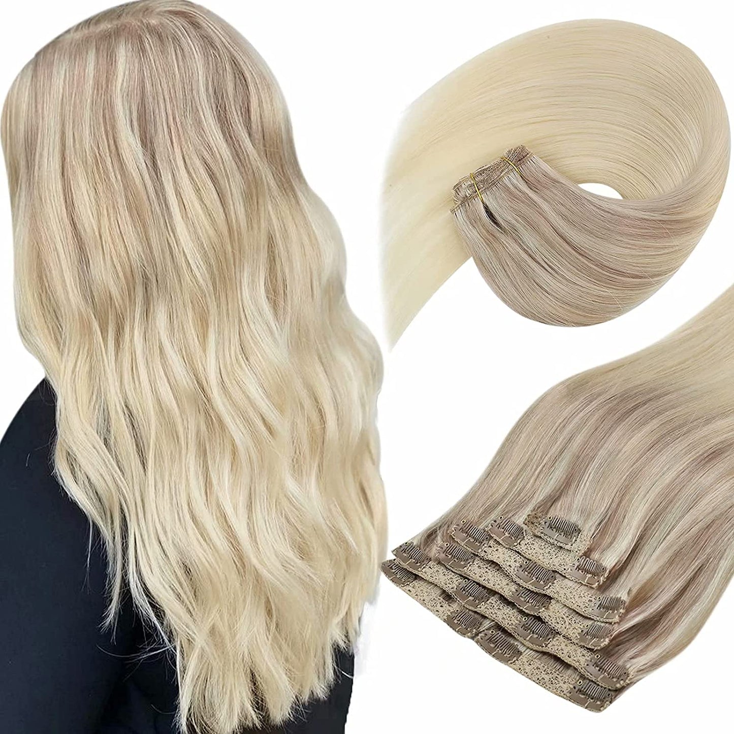 VeSunny Clip In Hair Extension Human Hair Highlight Blonde Color Seamless 105g/7pcs Double Weft Natural Human Hair Extension