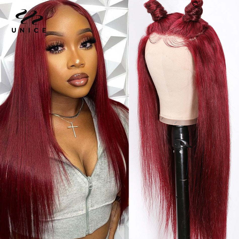 Unice Hair 13x4 Burgundy Lace Front Wig Human Hair Wigs 150% Density Pre Plucked 99J  Lace Front Human Hair Wigs