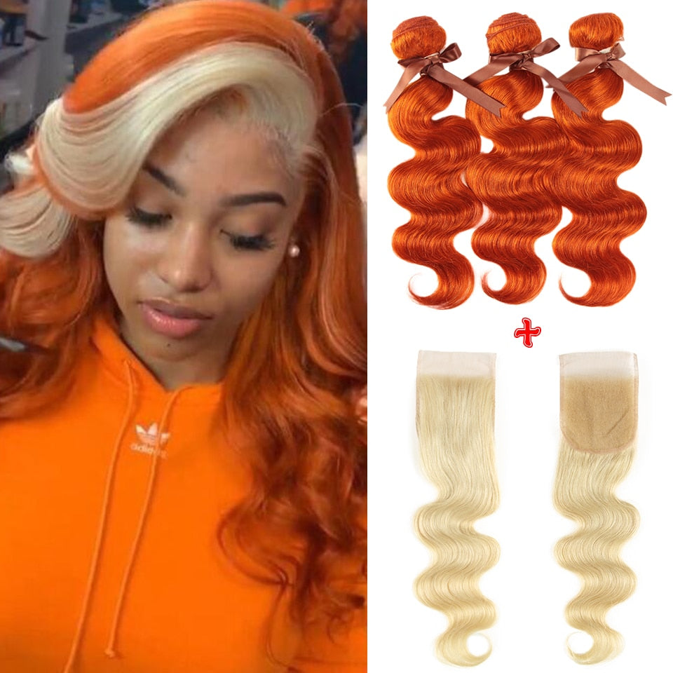 Remy Forte Blonde Body Wave Bundles With Closure Orange Brazilian Hair Weave Bundles 3 bundles Human Hair with Closure Fast USA