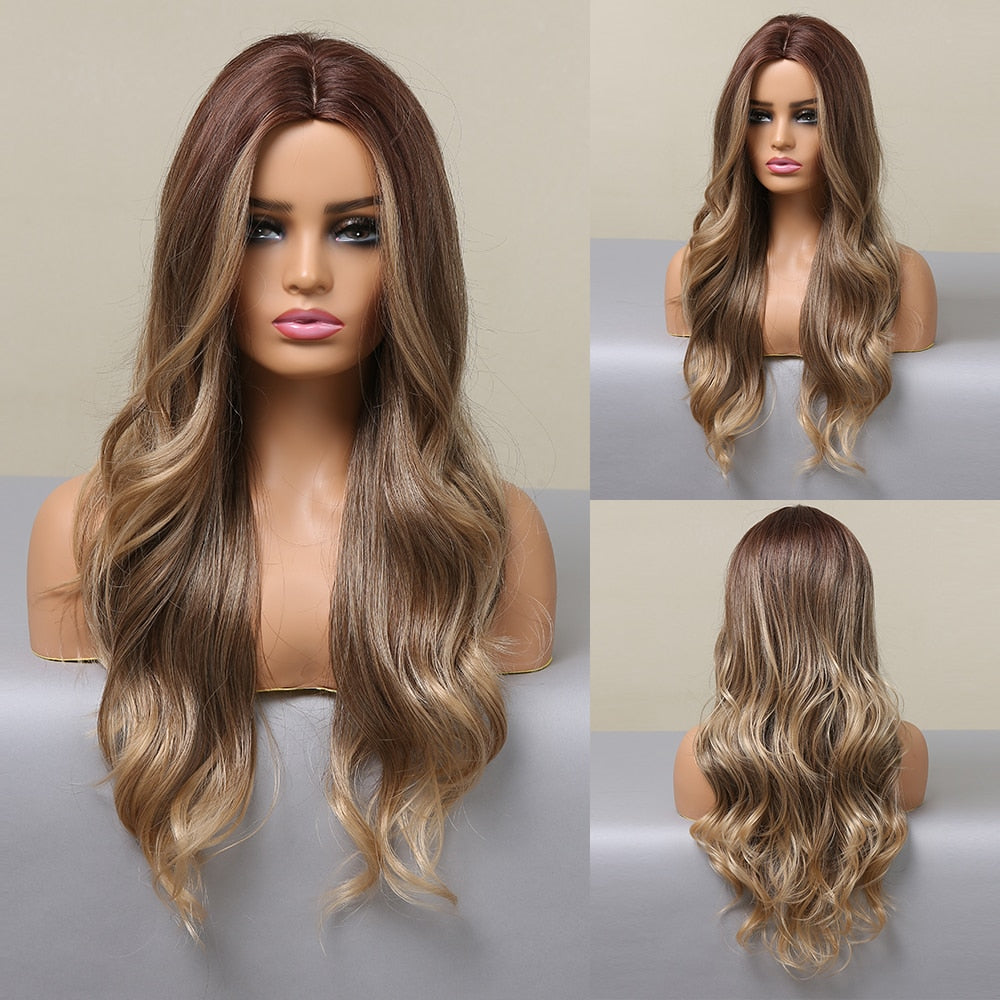 LOUIS FERRE Synthetic Ombre Wig for Women Brown Highlights on Blonde Hair Wig Long Wave Wig Natural Looking Heat Resistant Fibre