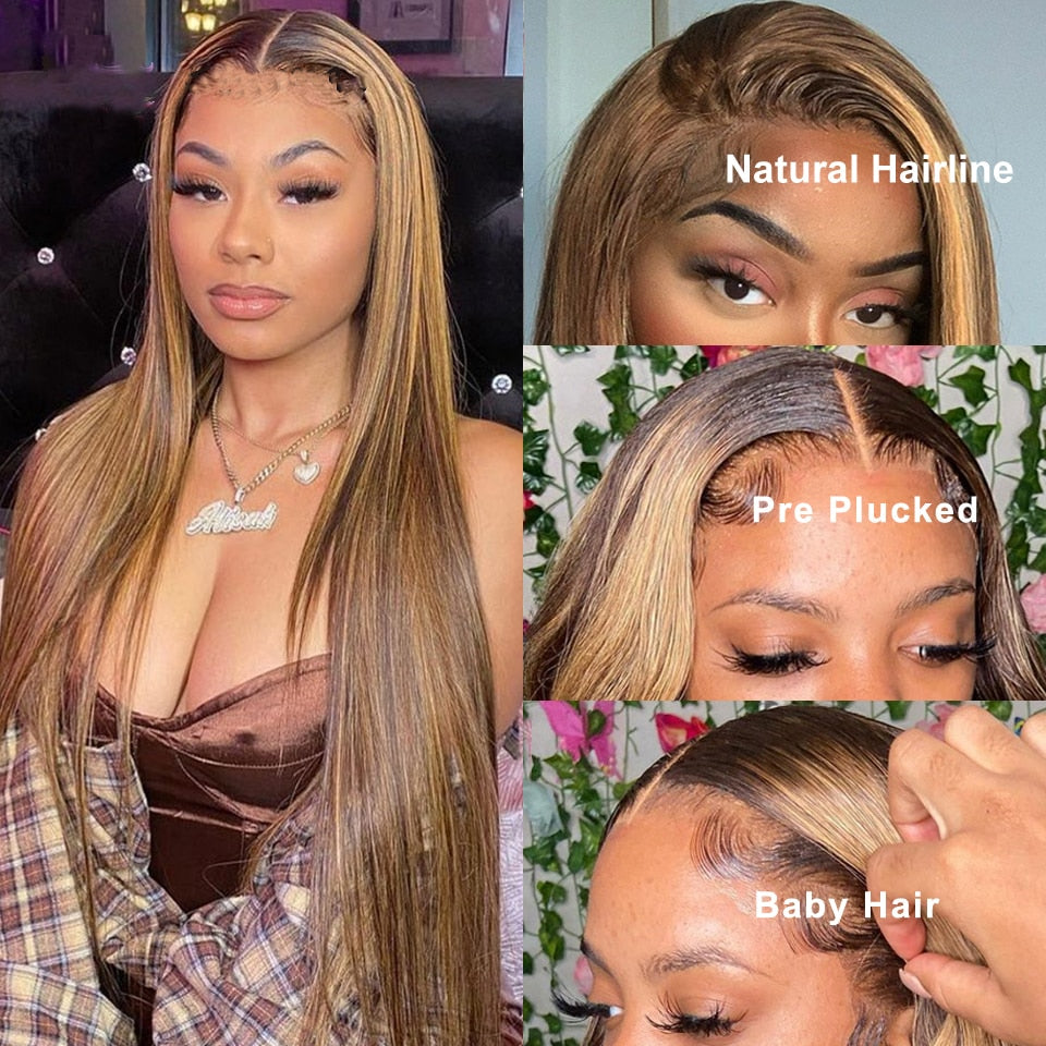 Highlight Wig Human Hair Straight Lace Front Wigs Bob Hd Transparent Lace Blonde Ombre Colored Human Hair Wigs For Women 32 Inch