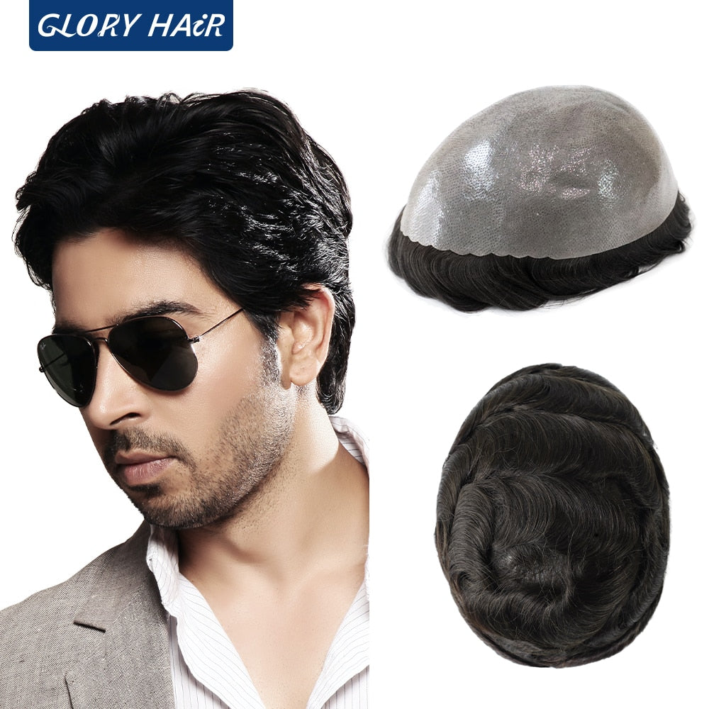 130% Density Male Hair Prosthesis India Human Hair Thickness PU Second Skin Men Wigs for Hair Loss