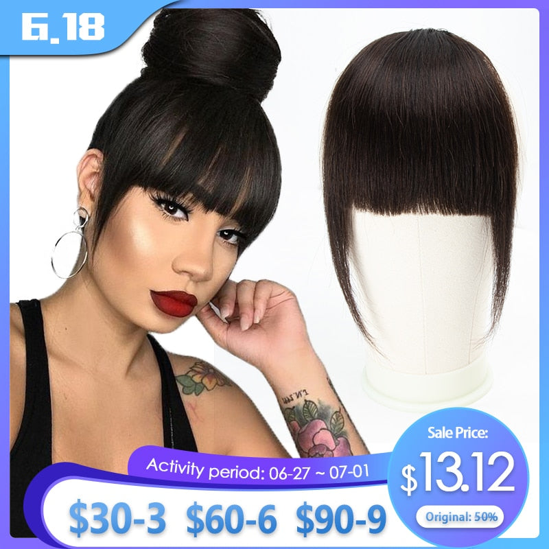 Human Hair Bangs 3 Clips 3D Blunt Cut Natural Hair Bangs OverHead Clip In Hair Extensions Non-Remy 2.5&quot;x4.5&quot; Black Brown Blonde