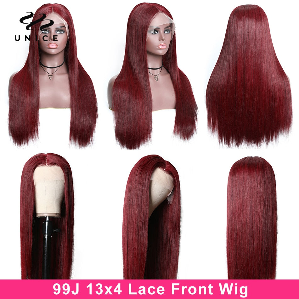 Unice Hair 13x4 Burgundy Lace Front Wig Human Hair Wigs 150% Density Pre Plucked 99J  Lace Front Human Hair Wigs