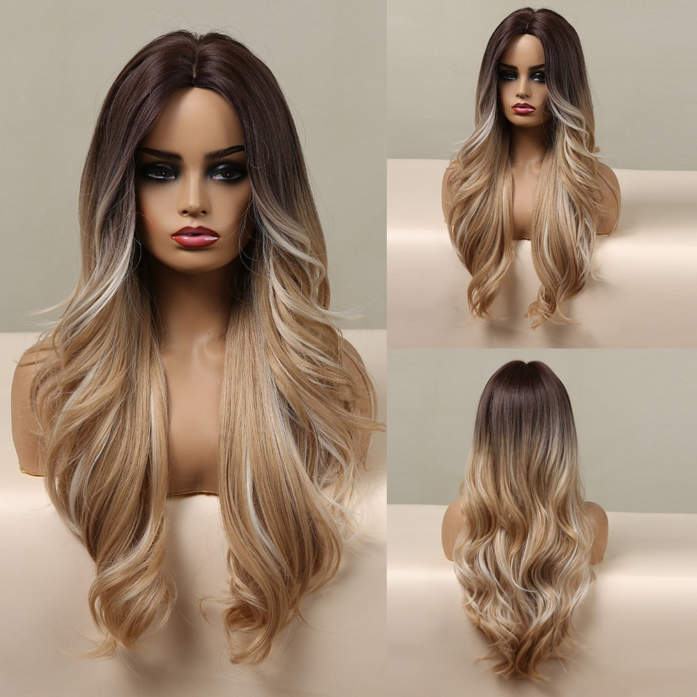 LOUIS FERRE Synthetic Ombre Wig for Women Brown Highlights on Blonde Hair Wig Long Wave Wig Natural Looking Heat Resistant Fibre