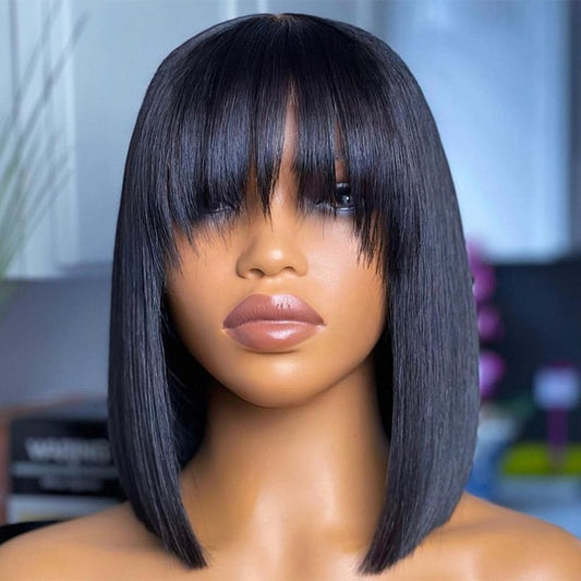 Short Straight Bob Human Hair Wigs With Bangs Full Machine Made Wigs For Black Women Glueless Fringe Wig Brazilian Cheap