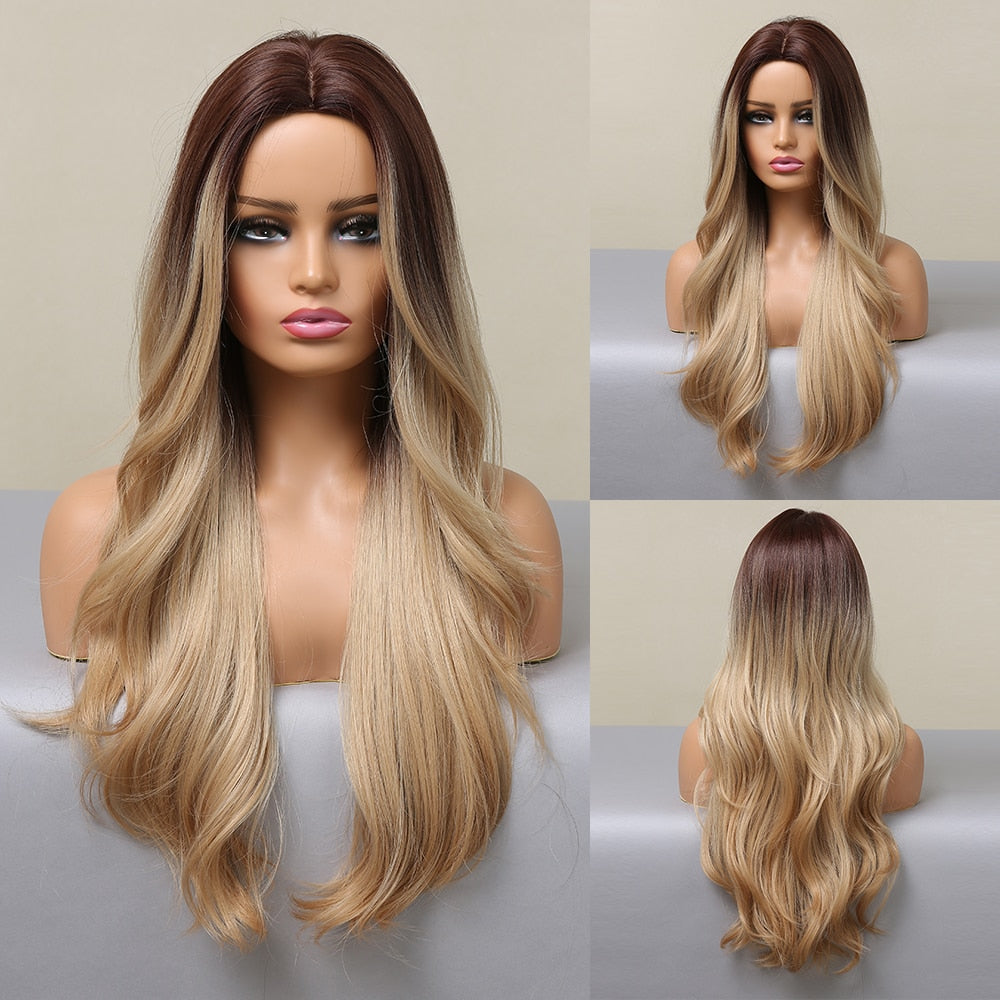 LOUIS FERRE Synthetic Ombre Wig for Women Brown Highlights on Blonde Hair Wig Long Wave Wig Natural Looking Heat Resistant Fibre