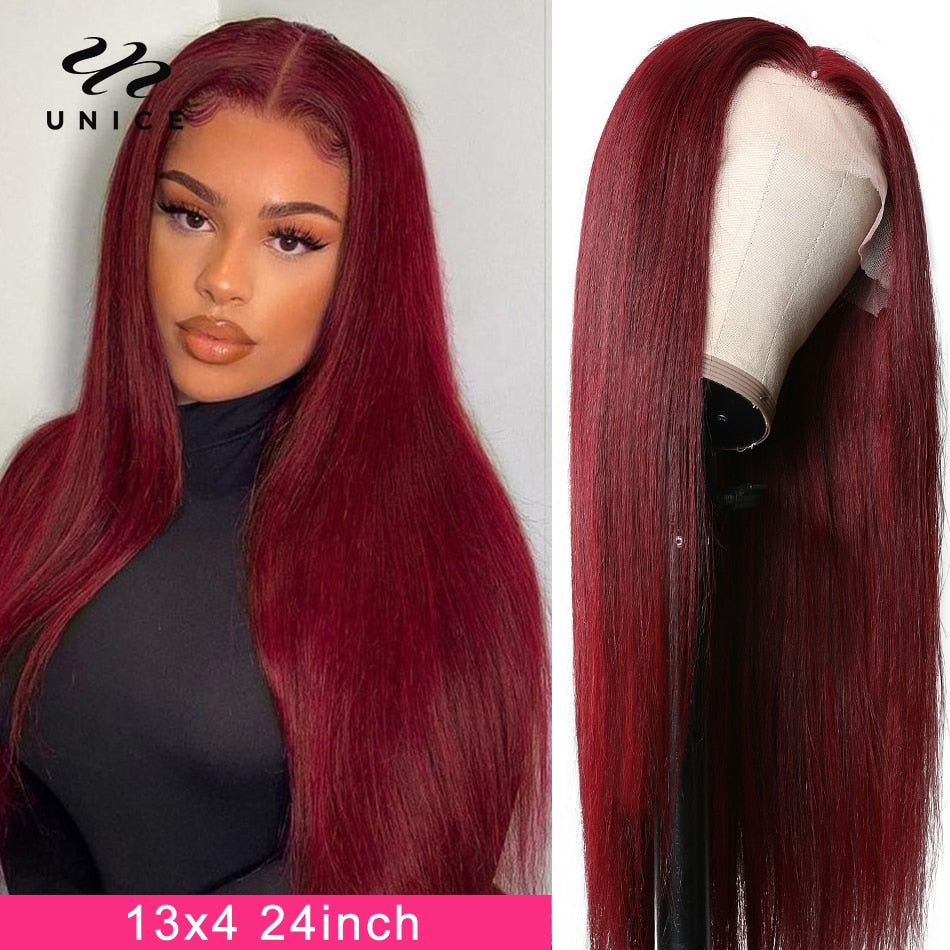 Unice Hair 13x4 Burgundy Lace Front Wig Human Hair Wigs 150% Density Pre Plucked 99J  Lace Front Human Hair Wigs