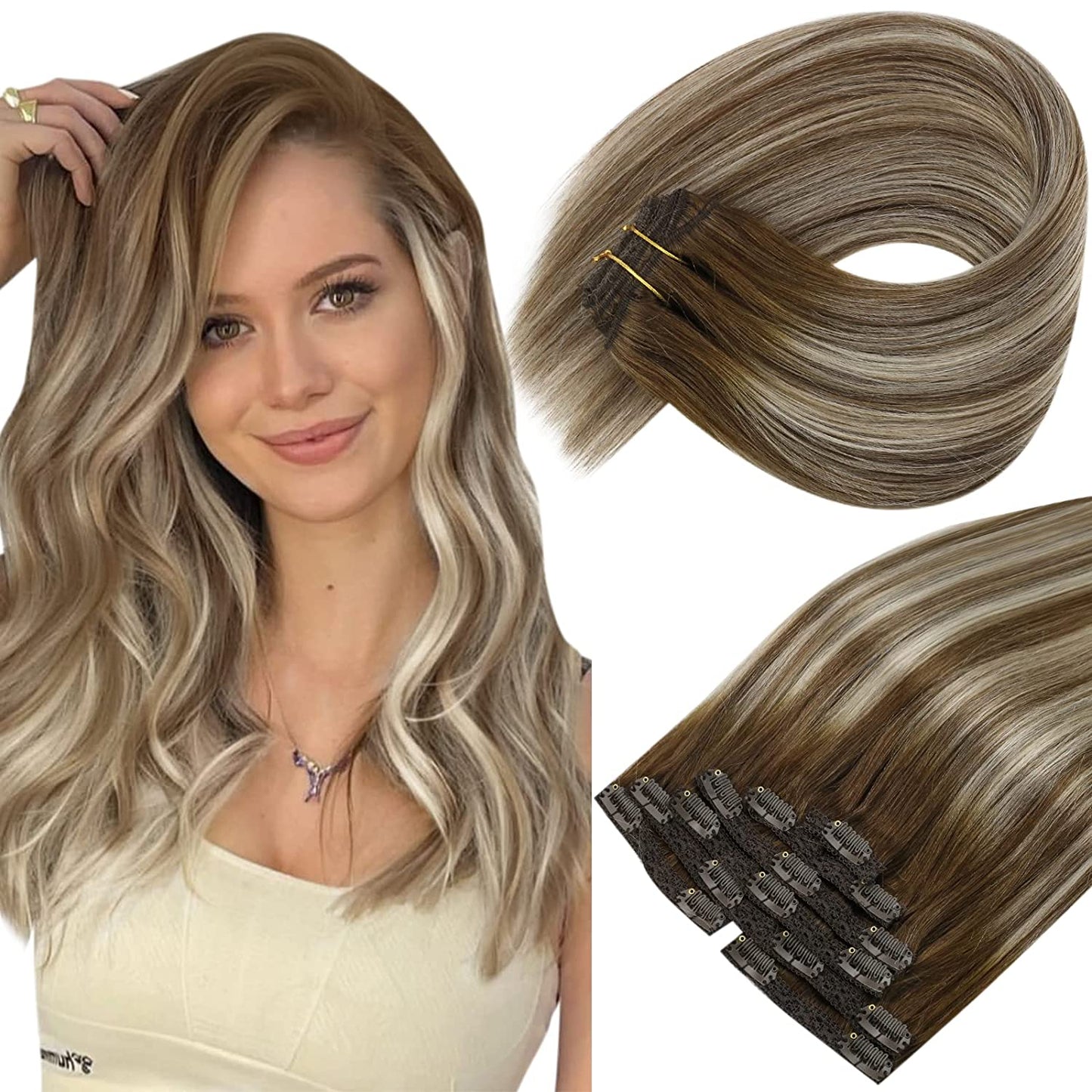 VeSunny Clip In Hair Extension Human Hair Highlight Blonde Color Seamless 105g/7pcs Double Weft Natural Human Hair Extension