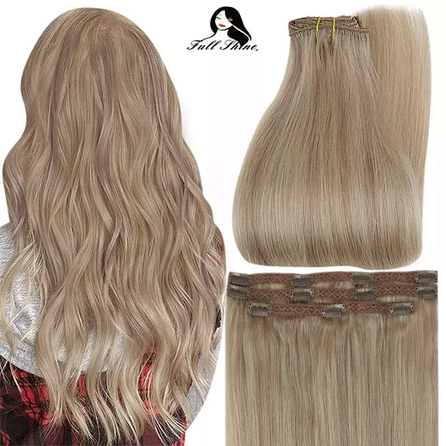 Full Shine 50 Grams Clip On Human Hair Extensions Ombre Color 3Pcs 100% Machine Remy Human Hair Hairpins Clip In Hair Extensions