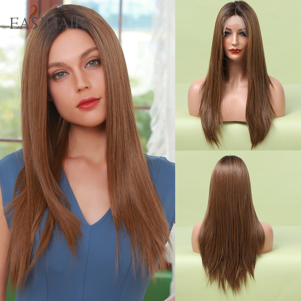 EASIHAIR Straight Blonde Lace Front Synthetic Wigs with Baby Hair Long Women&#39;s Lace Wigs High Density Natural Wig Heat Resistant