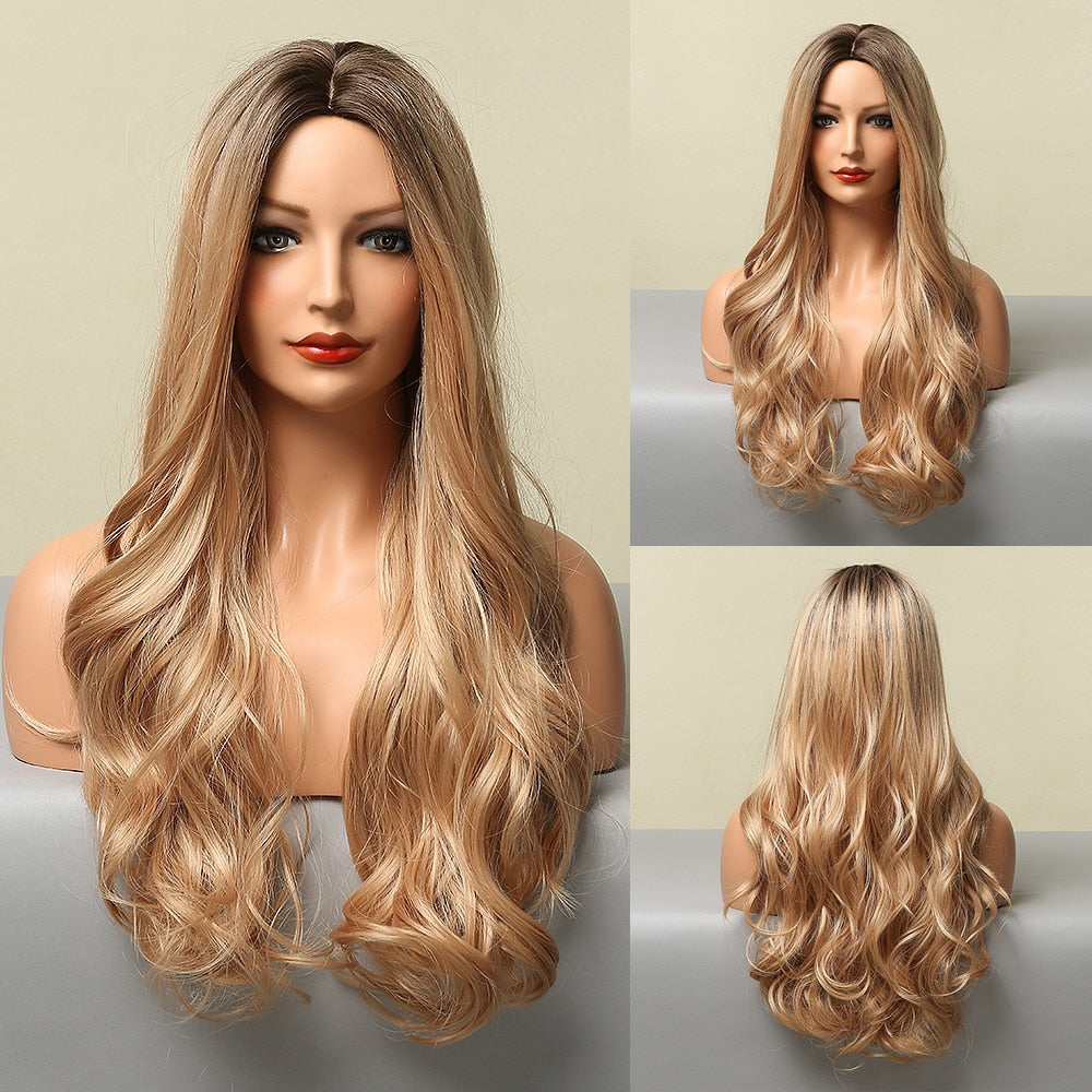 LOUIS FERRE Synthetic Ombre Wig for Women Brown Highlights on Blonde Hair Wig Long Wave Wig Natural Looking Heat Resistant Fibre