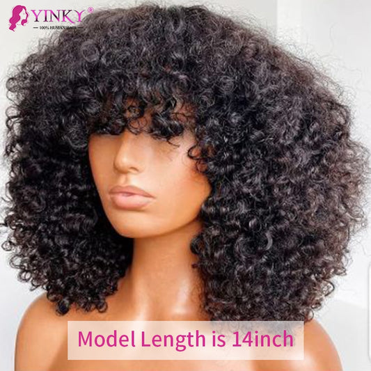 Brazilian Kinky Curly Human Hair Wigs With Bangs Short Bob Wigs Human Hair Glueless Full Machine Made Wigs for Black Women