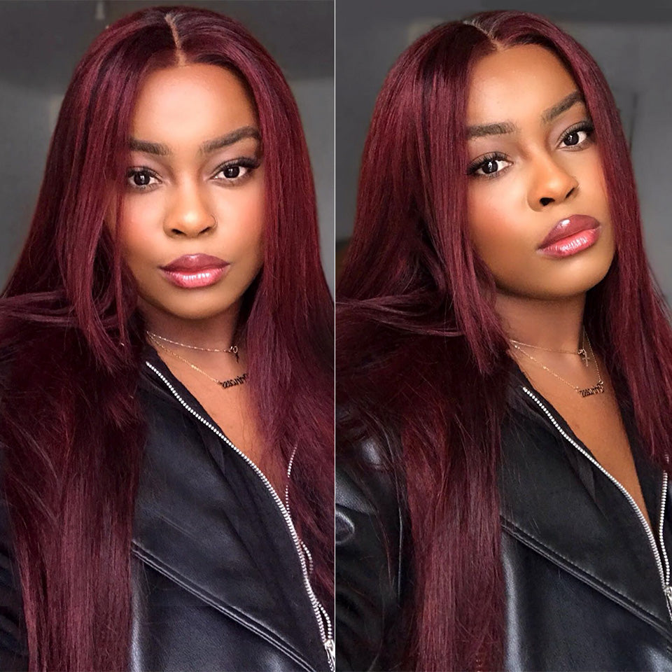 Burgundy 13x4 HD Transparent Lace Front Human Hair Wigs 99J Straight Lace Frontal Wig For Women Pre Plucked Non-Remy Jazz Star