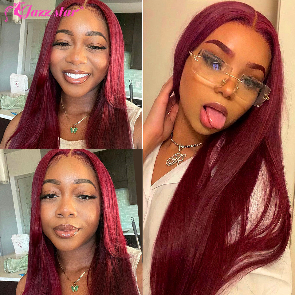 Burgundy 13x4 HD Transparent Lace Front Human Hair Wigs 99J Straight Lace Frontal Wig For Women Pre Plucked Non-Remy Jazz Star