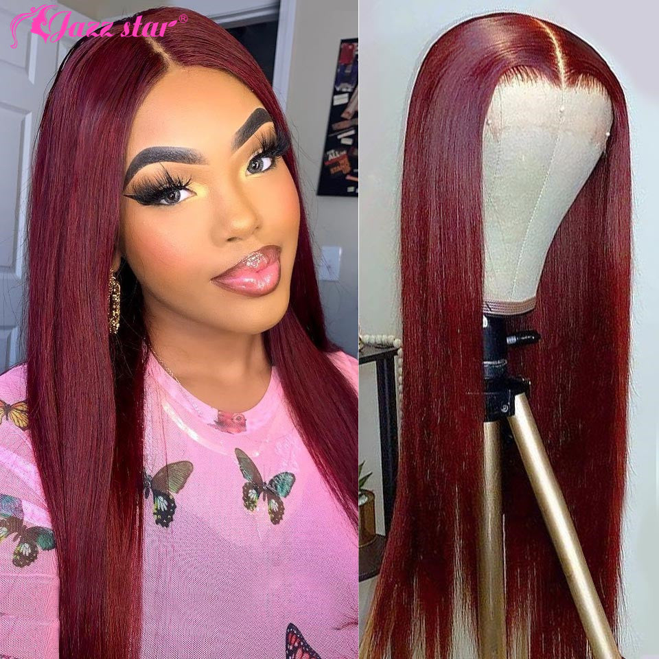 Burgundy 13x4 HD Transparent Lace Front Human Hair Wigs 99J Straight Lace Frontal Wig For Women Pre Plucked Non-Remy Jazz Star